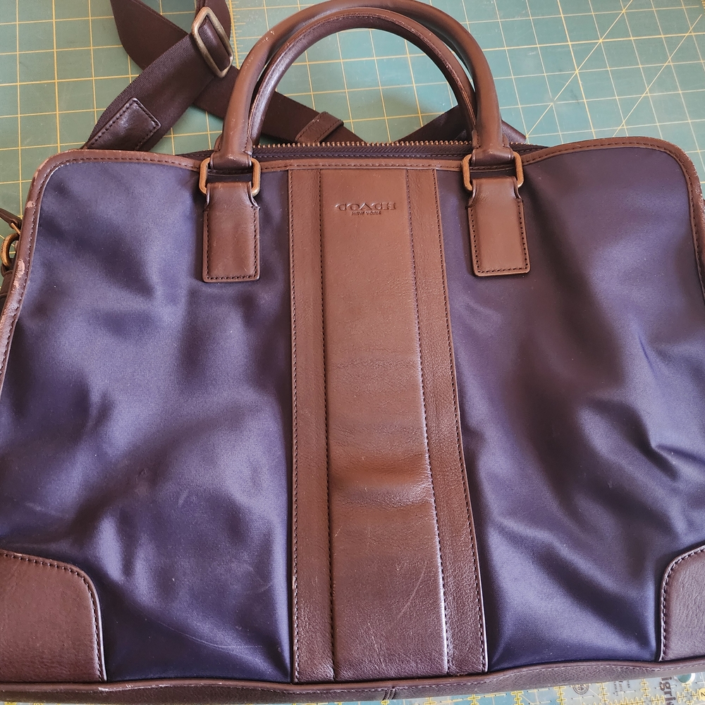 Coach Brown and Blue Leather Briefcase with Structured Design
